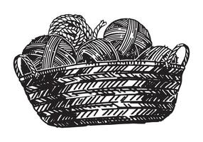 Sketch of wicker basket with balls of yarn. Tools for knitwork, handicraft. Hobby, leisure activity doodle. Outline illustration. vector