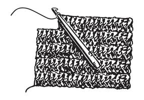 Sketch of crochet hook and bound canvas. Hobby, leisure activity doodle. Outline illustration in retro engraving style. vector