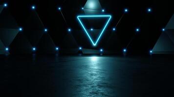 3D rendering creates abstract glowing neon triangles in a dark room photo