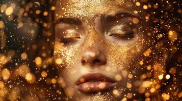 Close-up of a woman's face with gold glitter and bokeh lights photo