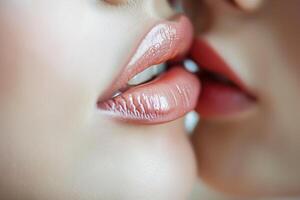 sensual Beso Entre dos lesbiana mujer, de cerca hembra labios besando foto