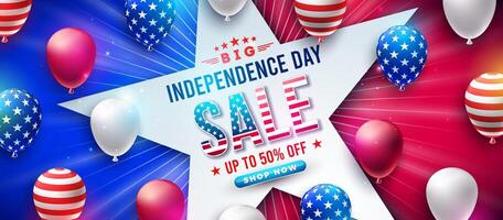 Fourth of July Independence Day Sale Banner Design with Party Balloon on Red and Blue Background. USA National Holiday Illustration with Special Offer Typography Elements for Coupon, Voucher vector