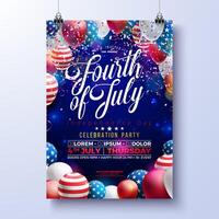 Independence Day of the USA Party Flyer Illustration with American Flag Pattern Balloon and Falling Confetti on Night Blue Background Fourth of July Design for Celebration Banner, Greeting Card vector