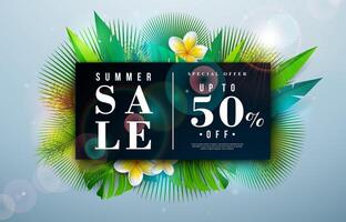 Summer Sale Design with Exotic Palm Leaves and Tropical Flower on Light Background. Summer Special Offer Illustration with Floral Plants for Coupon, Voucher, Banner, Flyer, Promotional Poster vector