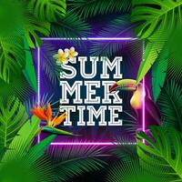 Tropical Summer Holiday Design with Toucan Bird and Parrot Flower on Glowing Neon Light Background. Typography Illustration with Exotic Palm Leaves and Phylodendron for Banner, Flyer vector