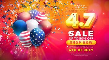 Fourth of July Independence Day Sale Banner Design with American Flag Pattern Party Balloon and Falling Confetti on Red Background. USA National Holiday Illustration with Special Offer for vector