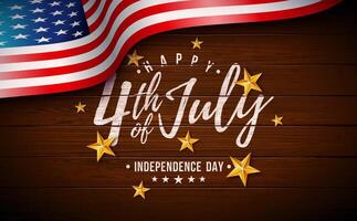 4th of July Independence Day of the USA Illustration with American Flag Pattern Heart, Gold Star and Falling Confetti on Blue Background. Fourth of July National Celebration Design with vector