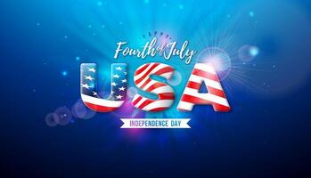 4to de julio independencia día ilustración con americano bandera en 3d Estados Unidos texto etiqueta en noche azul antecedentes. cuarto de julio nacional celebracion diseño con tipografía letra para bandera vector