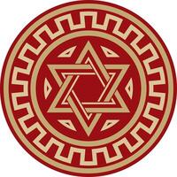 round gold with red jewish national ornament. Star of David. Semitic folk circle, pattern. Israeli ethnic sign, ring vector