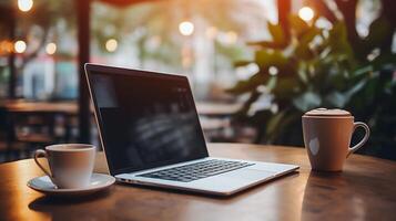 A laptop is lying on the table, there is a cup of coffee next to it photo