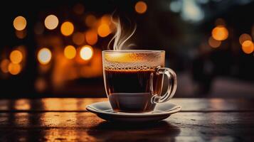 On a wooden table is a cup of Americano coffee photo