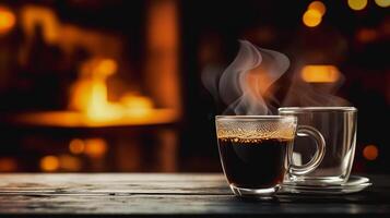 On a wooden table is a cup of Americano coffee photo