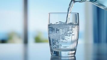 verter agua dentro un transparente vaso ese soportes en el mesa foto