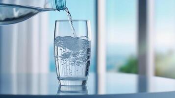 pour water into a transparent glass that stands on the table photo