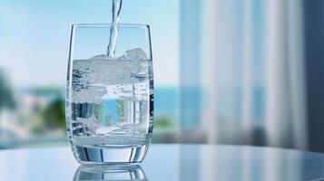 verter agua dentro un transparente vaso ese soportes en el mesa foto