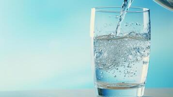 pour water into a transparent glass that stands on the table photo