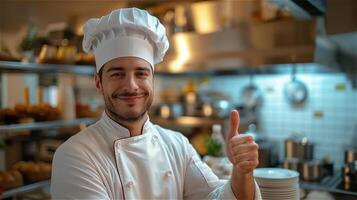 Handsome young chef looking at camera and showing thumb up photo