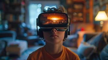 chico utilizando virtual realidad en su hogar foto