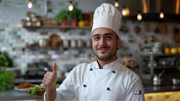 hermoso joven cocinero mirando a cámara y demostración pulgar arriba foto