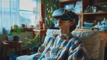 Young man is using virtual reality in his home photo