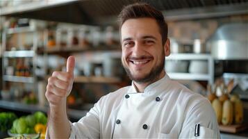 hermoso joven cocinero mirando a cámara y demostración pulgar arriba foto