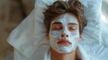 Handsome young man enjoying facial spa treatment photo