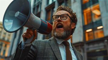 Businessman shouting through megaphone outside building photo