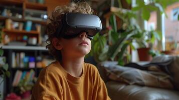 Boy using virtual reality in his home photo