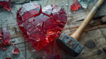 Shattered red glass heart with hammer photo