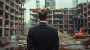 Back view of a businessman stands in front of a construction site photo