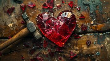 Shattered red glass heart with hammer photo