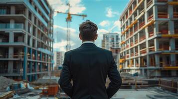 Back view of a businessman stands in front of a construction site photo