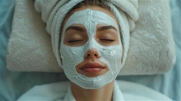 hermosa mujer disfrutando facial spa tratamiento foto