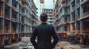 Back view of a businessman stands in front of a construction site photo