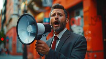 Businessman shouting through megaphone outside building photo