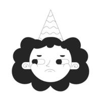 Sad girl birthday hat black and white 2D avatar illustration. Wavy hair young woman grumpy outline cartoon character face isolated. Upset female party cone flat user profile image, portrait vector