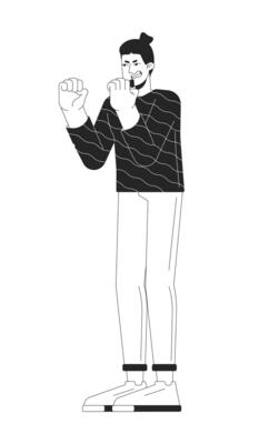 Angry man shaking by fists black and white 2D line cartoon character. Fighting stance. Caucasian male aggression isolated outline person. Negative emotion monochromatic flat spot illustration