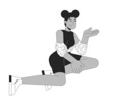 elegante deportivo mujer africano americano negro y blanco 2d línea dibujos animados personaje. negro niña gesticulando aislado contorno persona. sentado pose. pensamiento Rápido monocromo plano Mancha ilustración vector