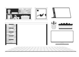 Graphic designer gadgets furniture black and white 2D line cartoon objects set. Home office accessories isolated outline items collection. Workspace decor monochromatic flat spot illustrations vector