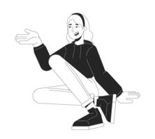 Sitting woman gesturing actively black and white 2D line cartoon character. Caucasian blonde female isolated outline person. Suggestion gesture girl monochromatic flat spot illustration vector