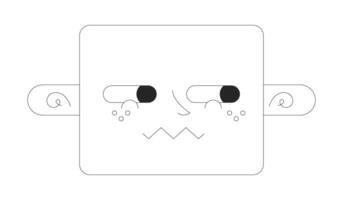 Sideways looking shy black and white 2D avatar illustration. Embarrassed smile outline cartoon character face isolated. Nervous expression. Ashamed side eyes flat user profile image, portrait vector