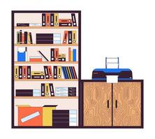 Bookcase and cabinet with printer 2D linear cartoon objects. Minimalist office furniture isolated line elements white background. Room furnishing idea color flat spot illustration vector