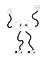 maravilloso nube con ondulado brazos y piernas negro y blanco 2d línea dibujos animados personaje. clima mascota danza aislado contorno personaje. de moda retro forma sonriente monocromo plano Mancha ilustración vector