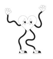 Retro funky heart with wavy arms and legs black and white 2D line cartoon character. Dancing valentines day mascot isolated outline personage. Heartshaped monochromatic flat spot illustration vector