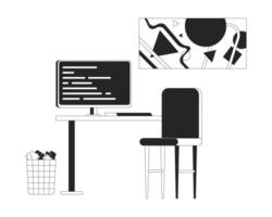 oficina lugar de trabajo con computadora negro y blanco 2d línea dibujos animados objeto. ordenador personal monitor en escritorio en arreglado espacio de trabajo aislado contorno elementos. minimalista interior monocromo plano Mancha ilustración vector