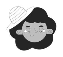 Happy black girl with hat black and white 2D avatar illustration. African american female wavy hair outline cartoon character face isolated. Cute smiling funky flat user profile image, portrait vector