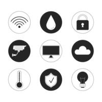 Smart devices at home black and white 2D line cartoon icons set. Wireless house controls isolated outline items collection. Internet of things technology monochromatic flat spot illustrations vector