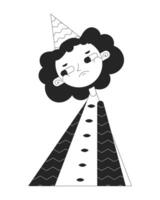 Unhappy girl in watermelon dress black and white 2D line cartoon character. Disappointed young woman isolated outline personage. Depressed teen birthday hat monochromatic flat spot illustration vector