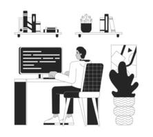 Indian employee working at home office black and white 2D line cartoon character. Outsource software developer man isolated outline person. Place of work monochromatic flat spot illustration vector