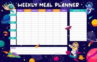 Weekly meal planner with kid astronaut and aliens vector